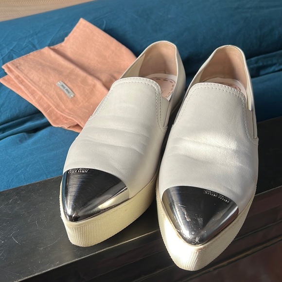 Miu Miu Shoes - Miu Miu White platform flatform wedge sneaker with silver cap toe 40